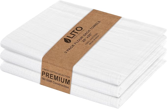 LITO LINEN AND TOWEL Flour Sack Towels – 100% Cotton, 28x28 Inches, Highly Absorbent, Embroidery-Ready Tea Towels for Kitchen & Crafts, Farmhouse Decor, Pack of 3 White