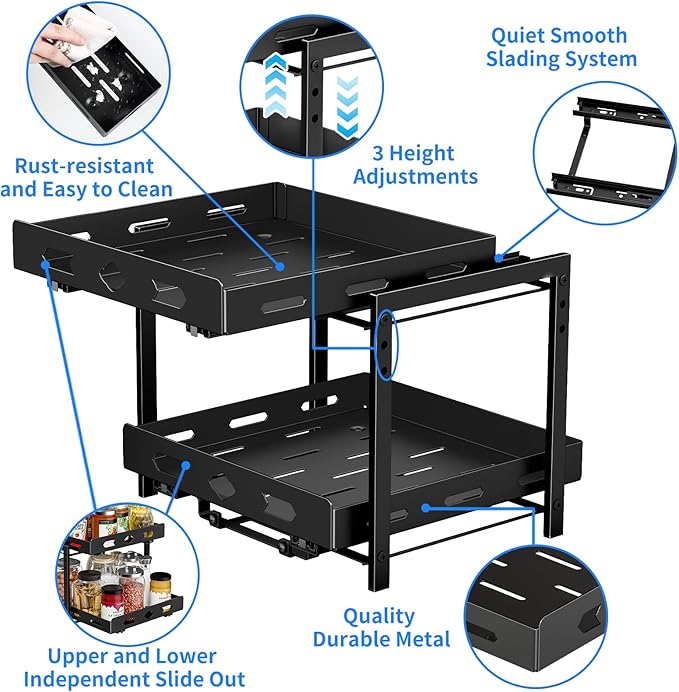 Pull Out Spice Rack Organizer for Cabinet, 2 Tier Cabinet Spice Rack Organizer, Height Adjustable Vertical Spice Rack for Kitchen Cabinet (11.9''Wx10.8''Dx9.2''H, Metal Black)