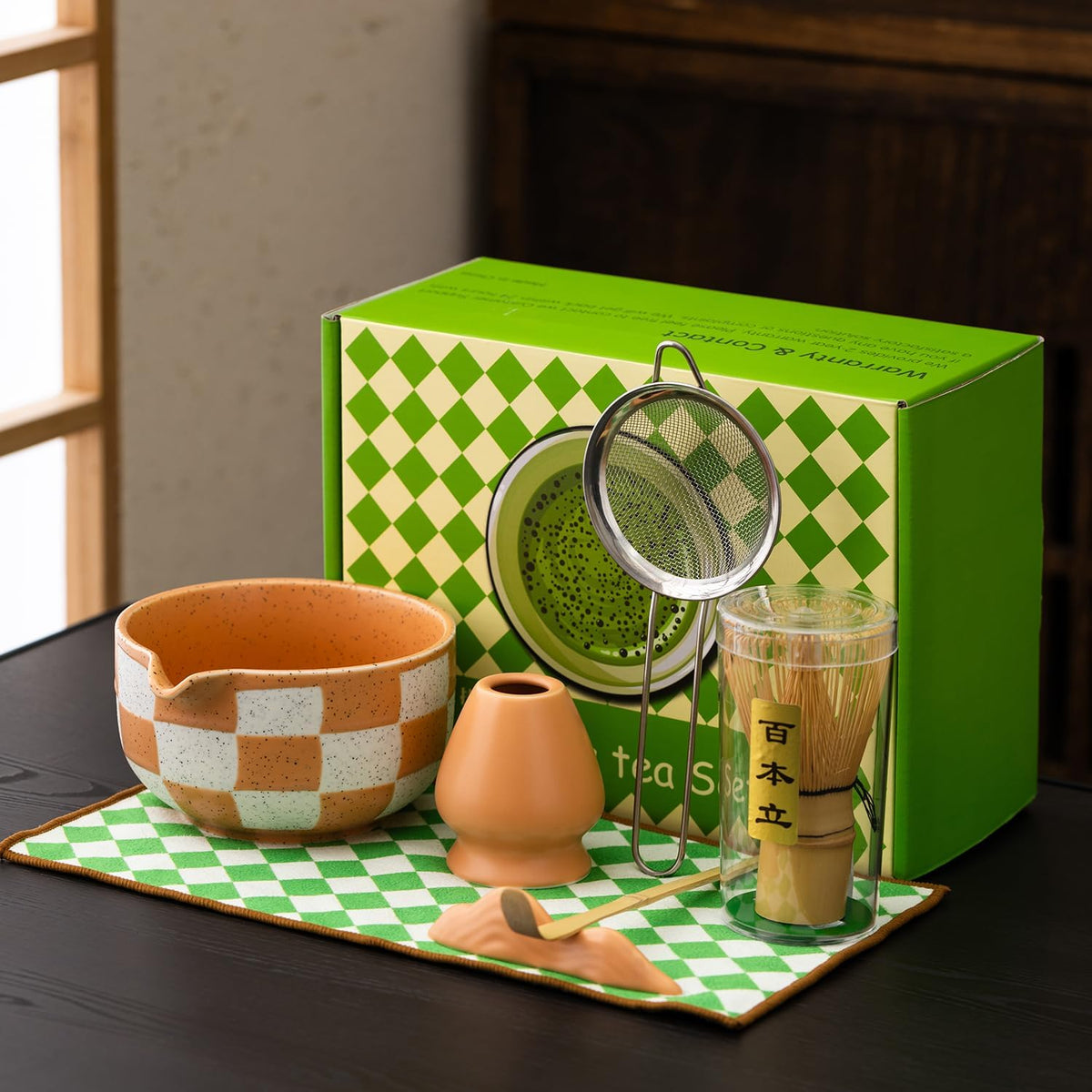 Premium 7-Piece Matcha Tea Set – Traditional Japanese Style with Elegant Grid Pattern, Includes Bamboo Whisk, Ceramic Bowl, Scoop & More – Perfect for Matcha Lovers & Tea Ceremony (Orange grid)
