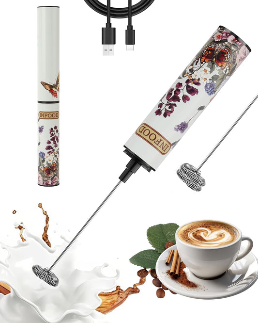 Milk Frother Rechargeable with Cover - Coffee Frother Wand, Drink Mixer Handheld with 2 Detachable Stainless Whisks 2 Speed Adjustable for Latte, Cappuccino, Hot Chocolate, Egg, White Floral