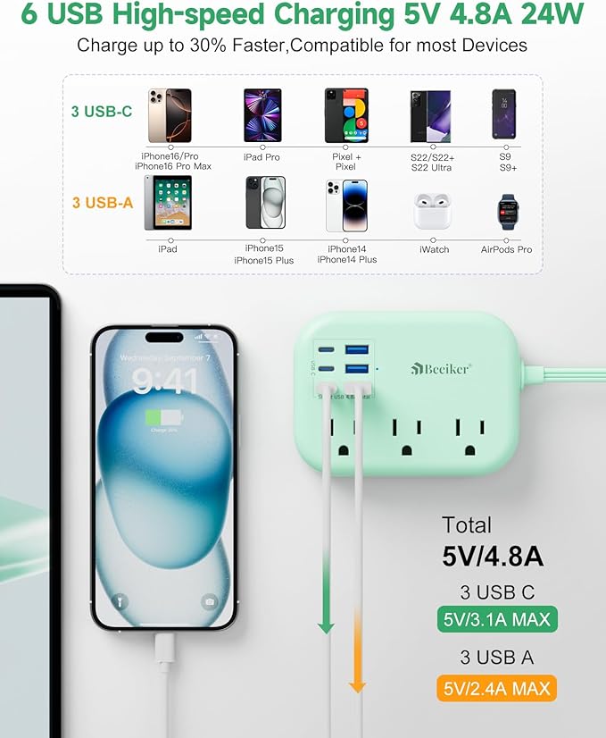 6 USB(3 USB C) Green Travel Power Strip- 5Ft Green Extension Cord with 6 USB Charging Station 24W and 3 Outlets, Cute Desk Accessories for Cruise Travel Kawaii Home Office Dorm Room