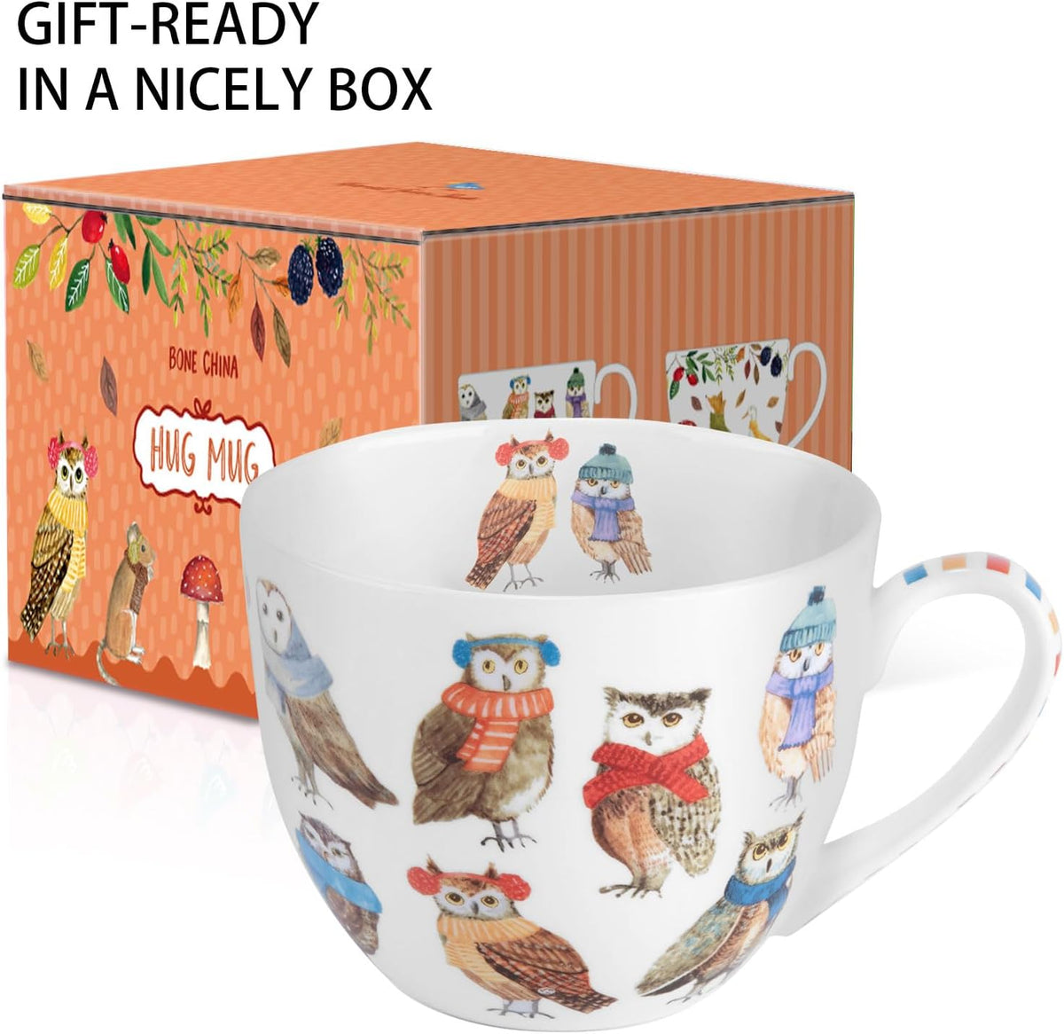 Cute Owl Coffee Mug, 20 oz Premium Bone China Mug with Charming Owls in Color Scarves and Hats—Cozy, Wise, and Perfect for Bird Enthusiasts, Designed in England by Harvest Green Studio