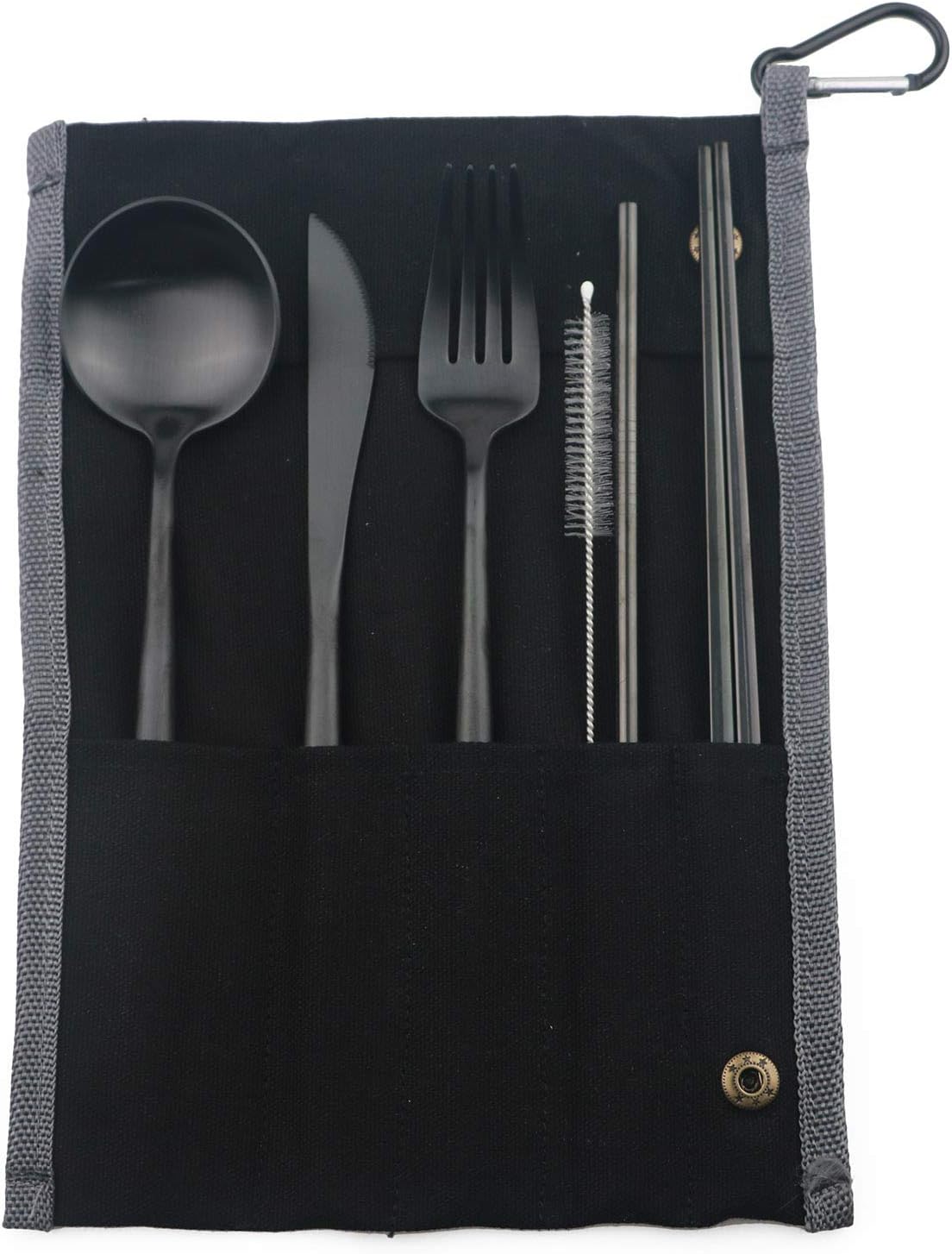Portable 6 Pieces Flatware Set, 304 Stainless Steel Knife, Fork, Spoon, Chopsticks, Metal Straw, Cleaning Brush, Durable Travel Cutlery Set, Black Pouch Bag, Black
