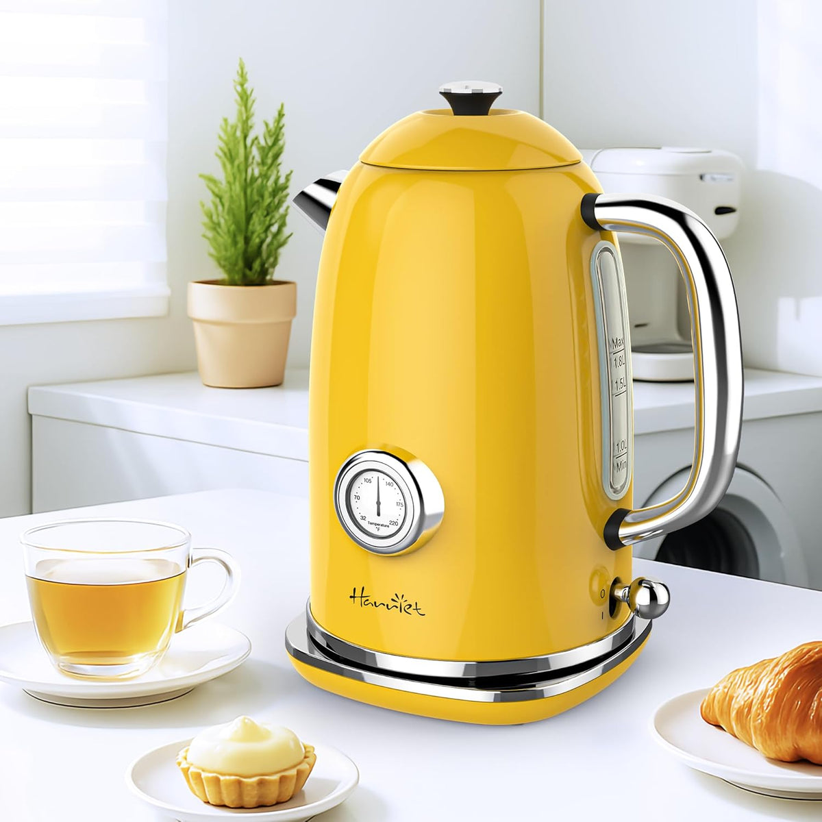 Harriet Electric Kettle, 1.8L Retro Electric Tea Kettle with Thermometer, 1500W Stainless Steel Hot Water Kettle Electric with LED Indicator, Fast Boiling, Cordless, Auto Shut-Off, Yellow
