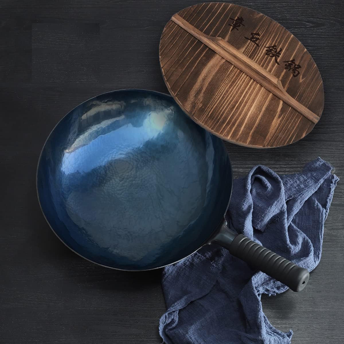 shuoguoleilei Chinese Hand Hammered Iron Woks Set, Non-Stick No Coating Preseasoned Wok Blue Round Bottom Wok Pan for Electric, Induction and Gas Stoves （Blue Black-12）
