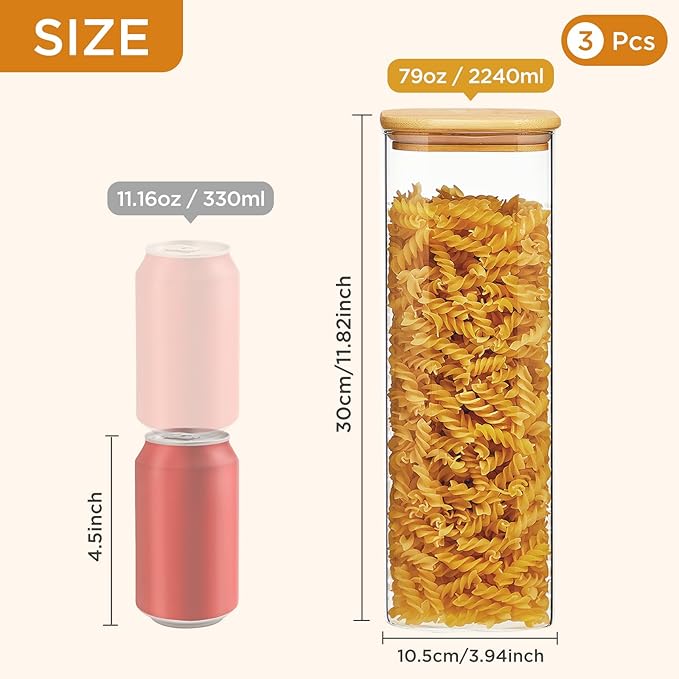 Square Glass Food Storage Jars with Lids[Set of 3], Perfect for Pasta, Cookies, Nuts, Coffee, Cereal, Flour, Organize Your Kitchen and Pantry with these BPA-Free Glass Jars with Canisters