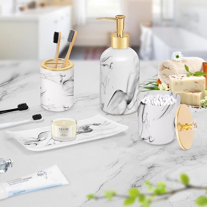 Haturi Bathroom Accessories Set, 4 Pcs Marble Look Sets Soap Dispenser & Toothbrush Holder Counter Top Restroom Apartment Decor Stuff, Glass Kits, Gift for Women and Men, Ink White