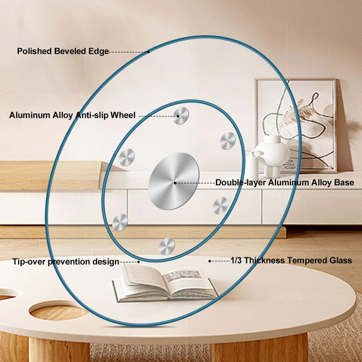 30" Heavy-Duty Lazy Susan Turntable - 1/3" Extra-Thick Tempered Glass - Silent & Smooth Swivel for Large Dining Tables, Centerpiece