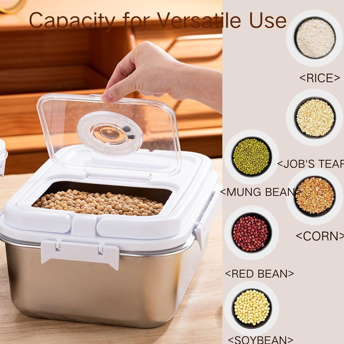 Saim Rice Storage Container Bin, 15lb Stainless Steel Food Storage Containers with Silicone Lid, Measuring Cup, Spoon, Rice Dispenser for Flour, Sugar,and Baking Supplies