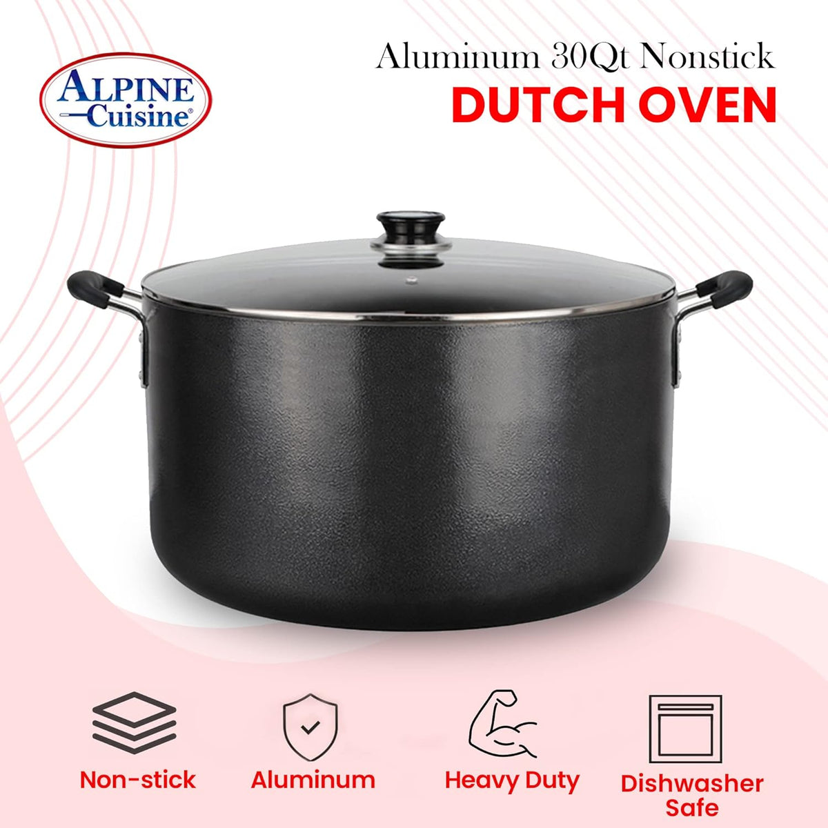 Alpine Cuisine 30 Quart Non-stick Stock Pot with Tempered Glass Lid and Carrying Handles, Multi-Purpose Cookware Aluminum Dutch Oven for Braising, Boiling, Stewing