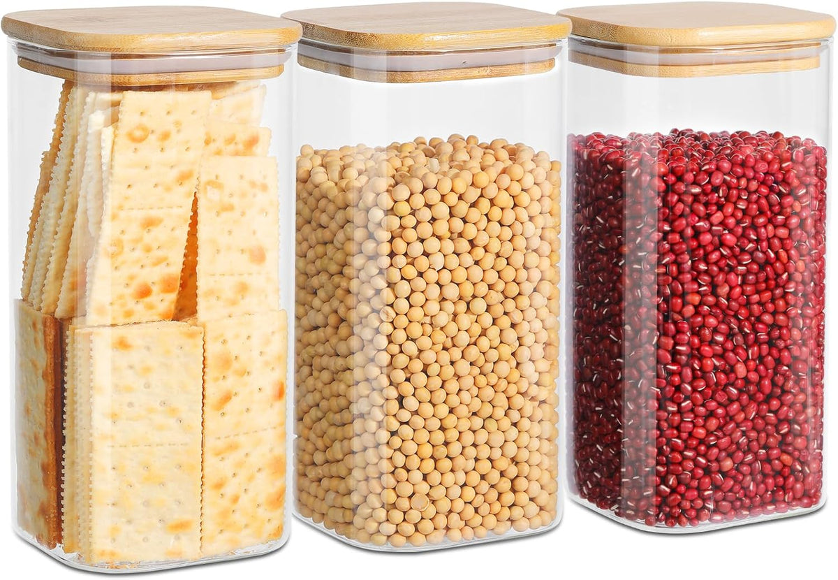 Glass Food Storage Jars with Lids(50oz)Square Set of 3 ,Glass Storage Containers Clear Glass Food Canister with Bamboo Lid Airtight For Serving Tea, Coffee Beans, Flour,Cookie, Cereal,Spice and More