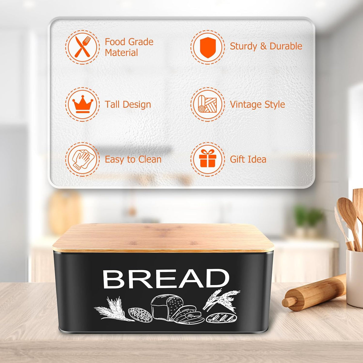 JIGUOOR Black Bread Box, Large Space Saving Vertical Metal Bread Box with Wooden Cutting Board Lid, Holds 2+ Loaves, Farmhouse Bread Bins Kitchen Bread Storage,Kitchen Parts Box 12.99" x 7.08" x 4.72"