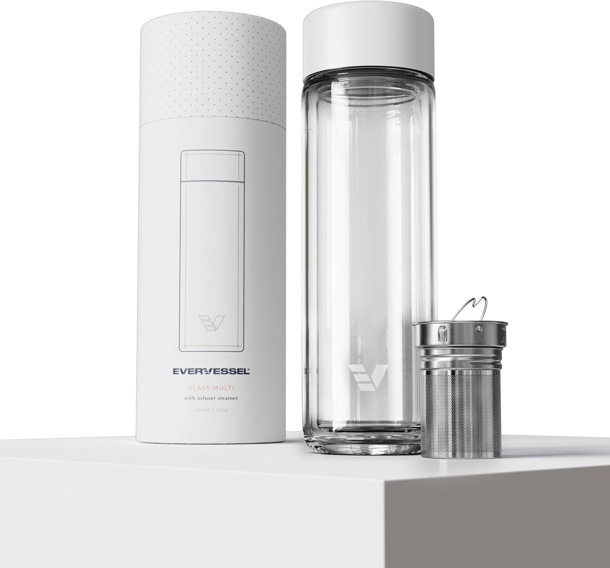 Glass Multi Tea Infuser Bottle 14oz - Double Wall Borosilicate Glass Flask | No Plastic Touches Contents | Perfect for Office or Home - White