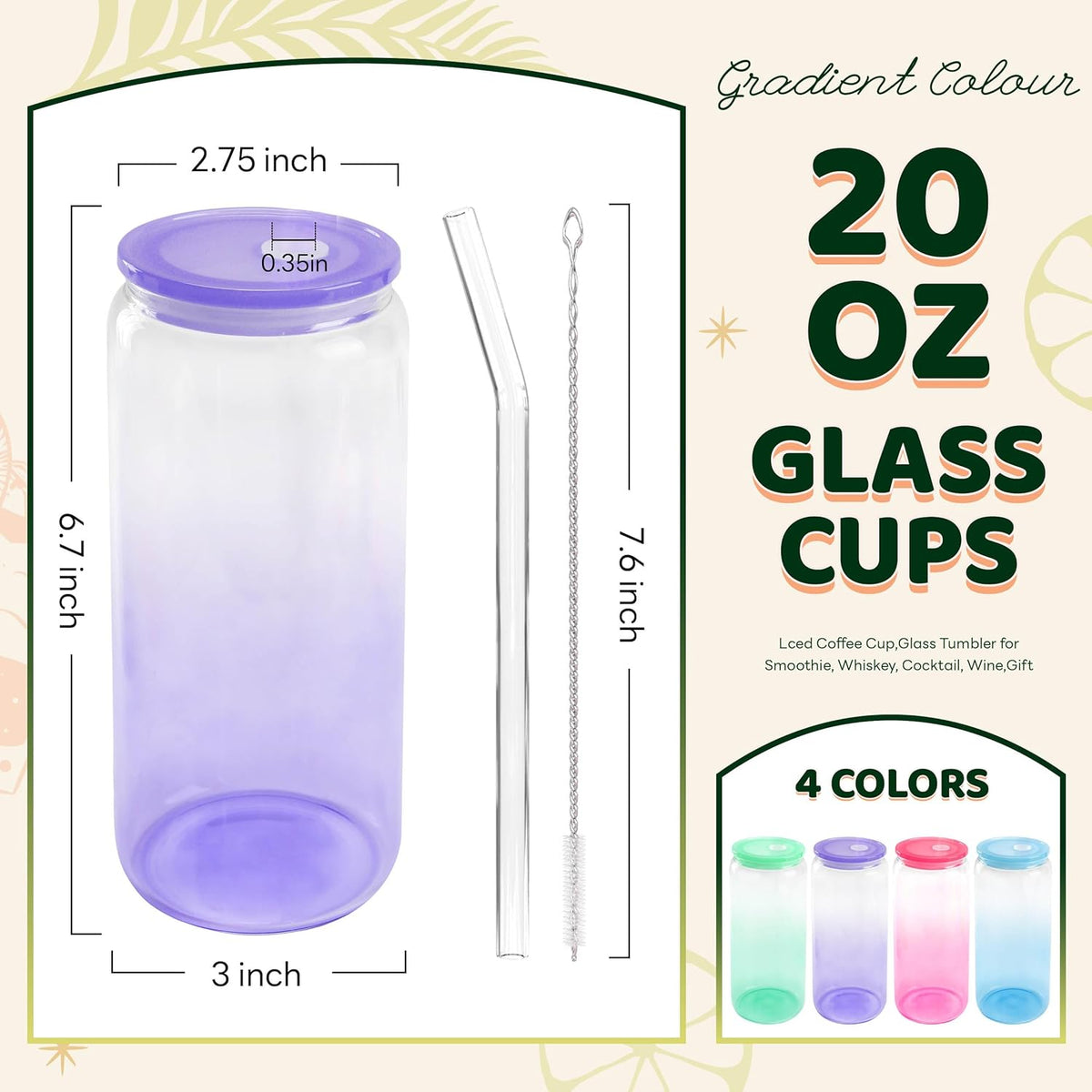 Joyclub 20oz Glass Cups with Acrylic Lids and Straws 8 Set Can Shaped Glass Iced Coffee Cups with Lids, Gradient Drinking Glasses Cute Tumbler Cup Great for Smoothie Soda Boba Tea Cocktail Beer Gift