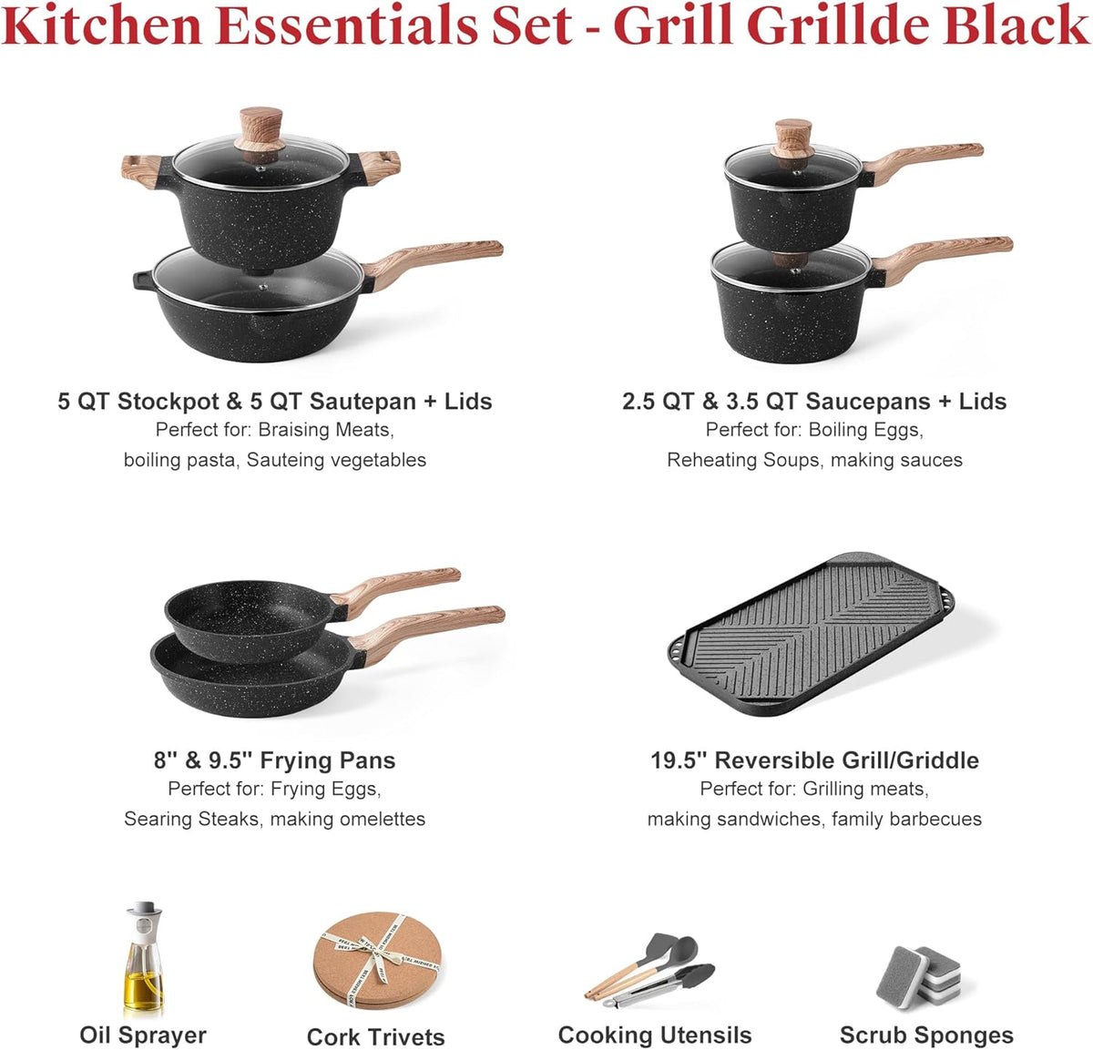 Caannasweis Granite Pots and Pans, Nonstick Cookware Set (Classic Black, 20 Piece Grill Griddle Set)