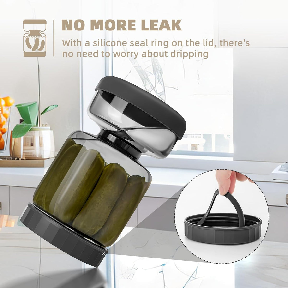 Luvan Pickle Jar with Strainer Flip, 34oz Pickle Container with Strainer, Upside Down Pickle Flip Jar,Glass Pickle Holder with Leakproof Airtight Lid, Hourglass Pickle Storage for Olive,Jalapeno-Grey