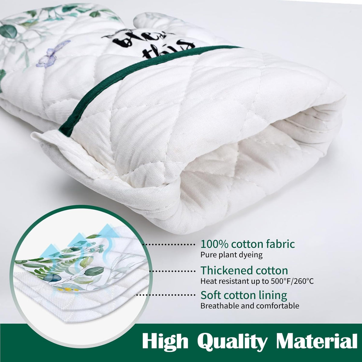 Eucalyptus Leaf Oven Mitts and Pot Holders Sets 4Pcs, 100% Cotton Heat Resistant, Extra Long Oven Gloves Potholder for Kitchen Cooking Baking Decoration