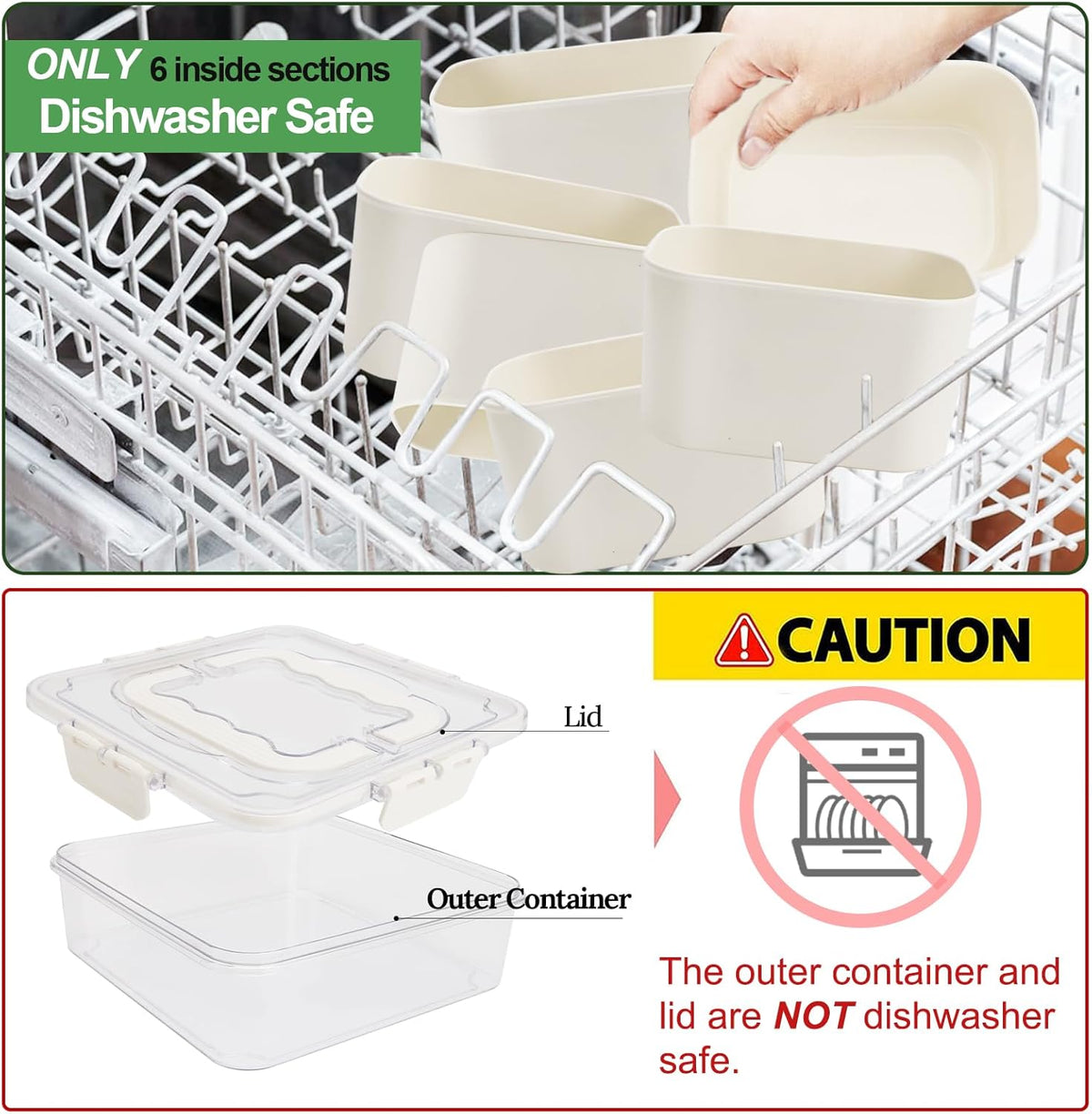 Divided Serving Tray with Lid and Handle, Portable Snack Box Container, 6 Compartments Veggie Fruit Snackle Tray, Charcuterie Platter Container for Party, Nuts, Snacks, Picnic,2 Pack, SMALL SIZE