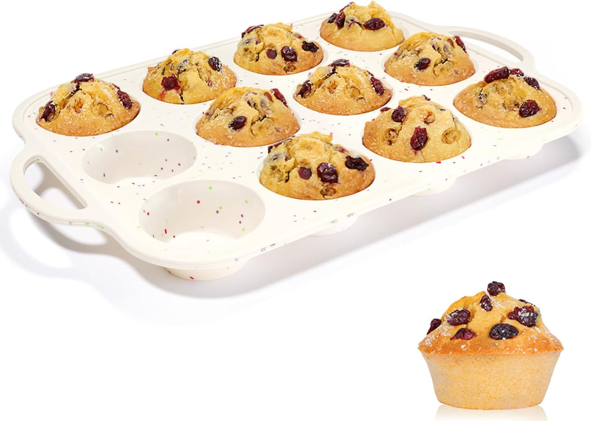 Silicone Muffin Pan, Metal Reinforced Frame Regular Size 2.8 Inch Cupcake Pan with Handle 12 Cups Nonstick Muffin Tray for Baking BPA Free 1 Pack Confetti