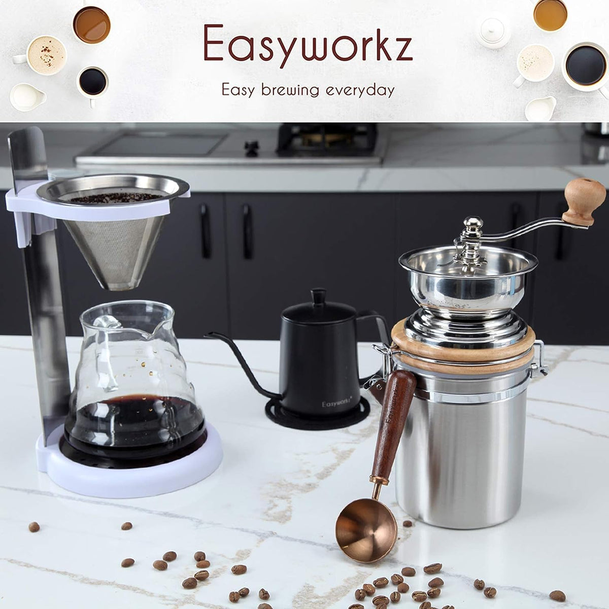 Easyworkz Manual Coffee Grinder - Adjustable Settings, Airtight Canister - Coffee Bean Mill Tool for Kitchen, Hand Crank Coffee Grinder