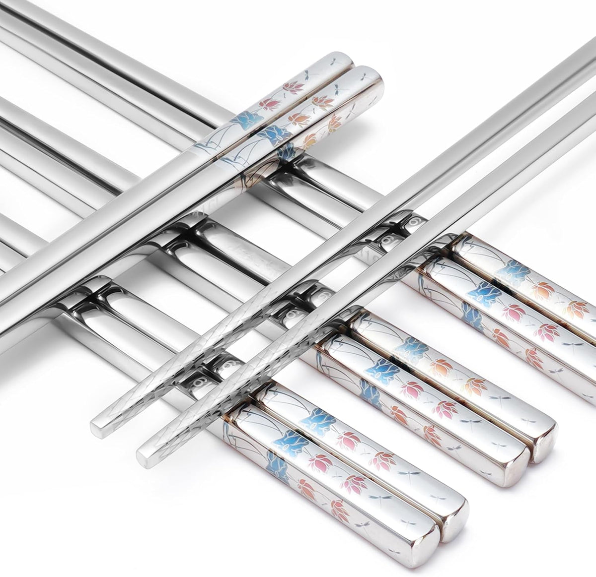 Stainless Steel Chopsticks, Titanium Plated Metal Chopsticks, 9.8" Premium Japanese Korean Color Laser Engraved Cooking Chop Sticks, Dishwasher Safe, Reusable, Anti-slip, Anti-scald, 2 Pairs Gift Set