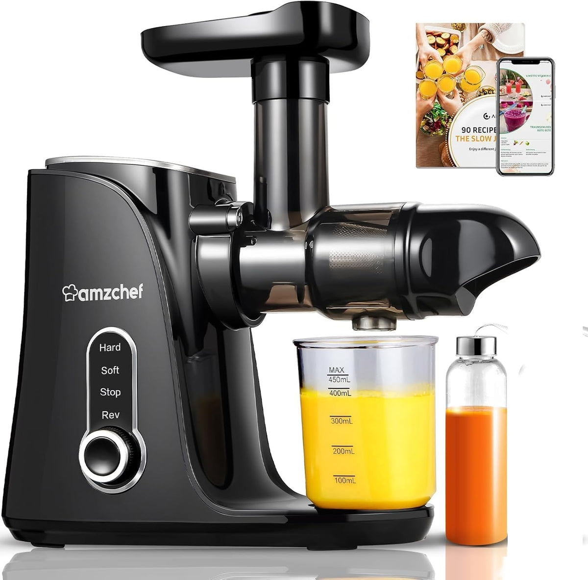 Juicer Machines, AMZCHEF Slow Cold Press Juicer with 2 Speed Modes, Travel bottles(500ML),Easy to Clean Brush & Quiet Motor for Vegetables & Fruits,Matte Black