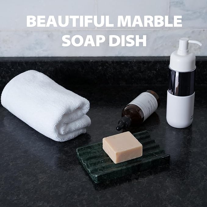 Marble Soap Dish, Soap Holder for Shower, Green Bar Soap Holder with Water Ripple Design, Easy Cleaning Stone Soap Saver for Kitchen Sink，Bathroom, Executive Indian Natural Stone Soap Tray