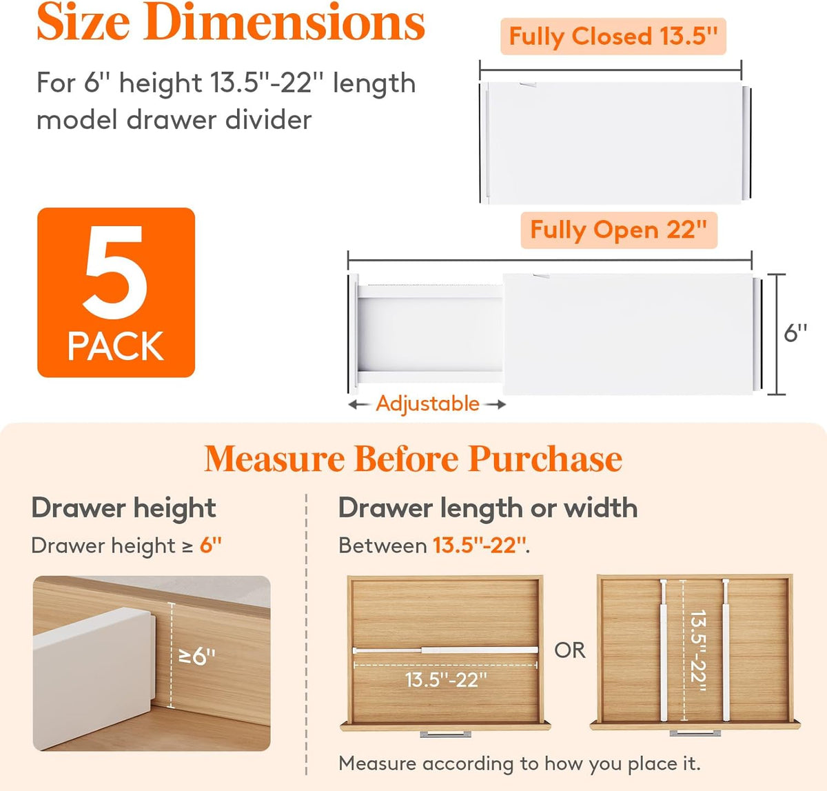 Lifewit 5 Pack Drawer Dividers Plastic 6" High, 13.5-22" Adjustable Drawer Organizers for Clothes, Expandable Dresser Separators in Bedroom/Bathroom/Kitchen/Fridge/Office Organization and Storage