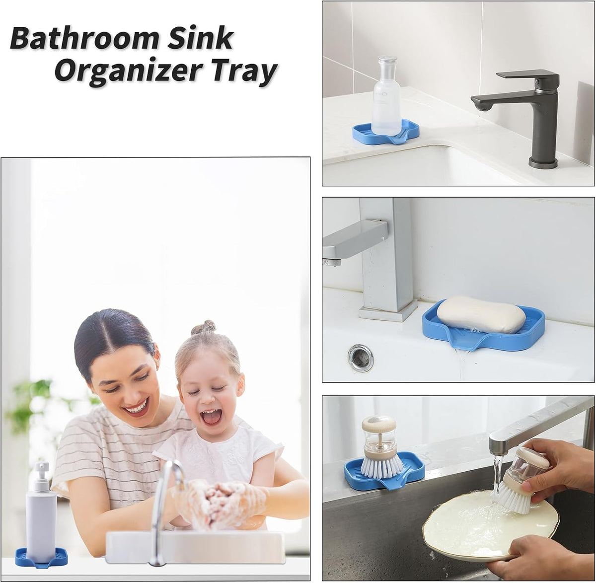 Silicone Bathroom Soap Dishes with Drain Spout-Bathroom and Kitchen Sink Organizer,Sponge Holder,Dish Soap Tray,Perfect for Dispenser,Scrubber,Bottle,Cup on Counter Lichen Blue 4.9"×3.2"