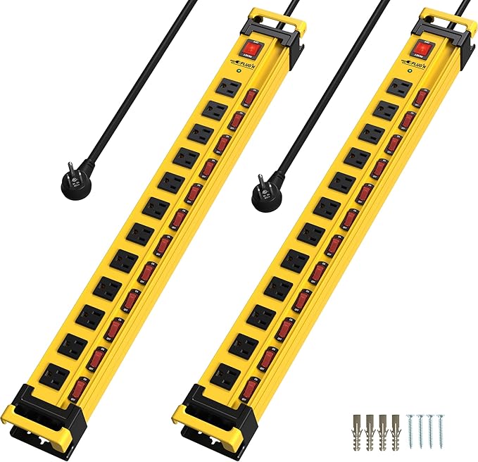 Plug'n 12 Outlet 3300J Surge Protector Power Strip,Individual Switches,9FT/14AWG/15AMP/1875W Power Cord,Heavy Duty Metal Power Strip with Cord Manager,for Workshop,Garage,Shop,2 Packs