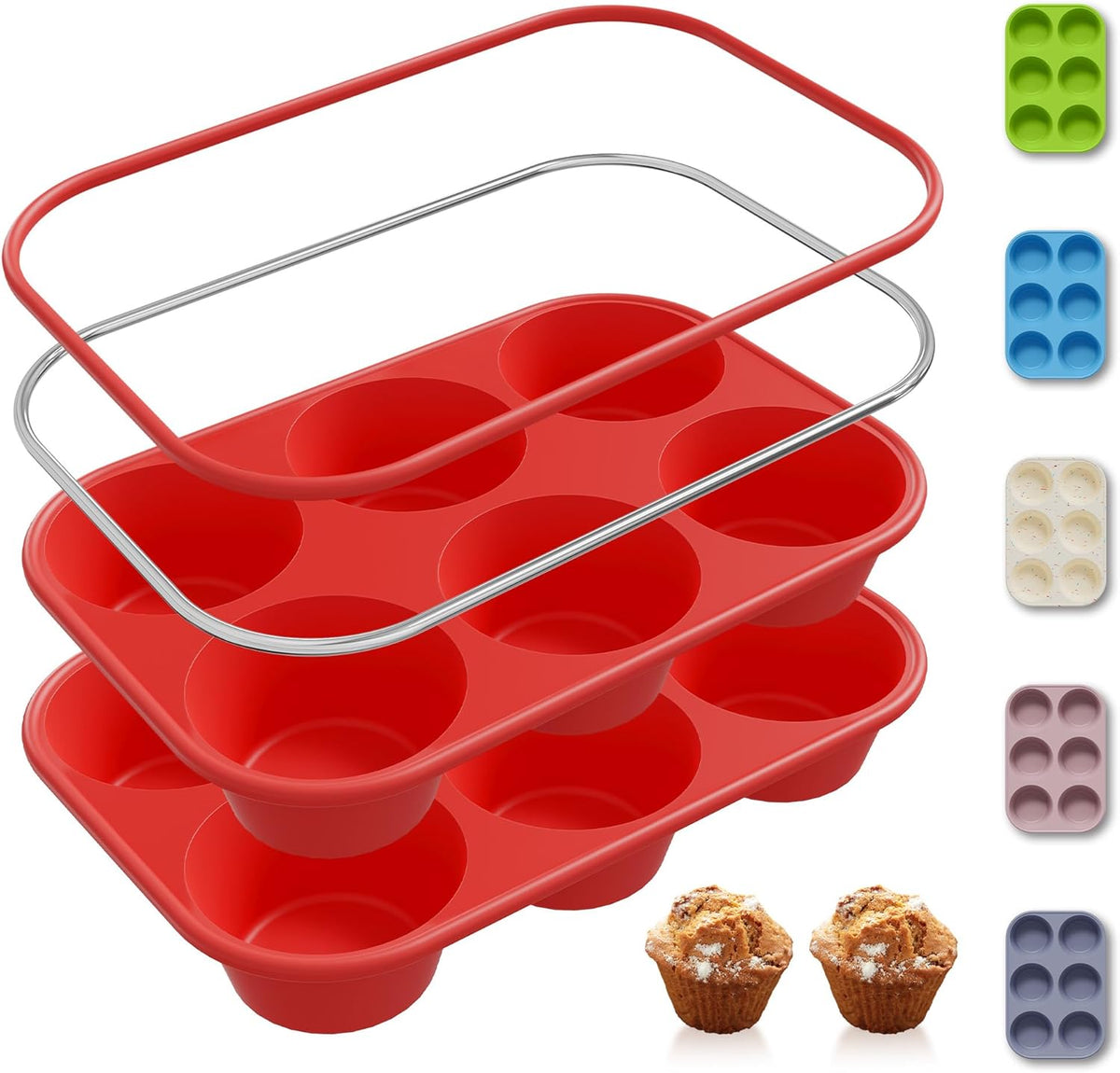 2 Pack 6 Cups Silicone Mini Muffin Pan with Metal Reinforced Frame Silicone Molds Cupcake Cake Baking Pans Cookie Baking Chocoflan Cupcake Mold Cake Molds Kitchen Baking Mom Gift Home Essentials