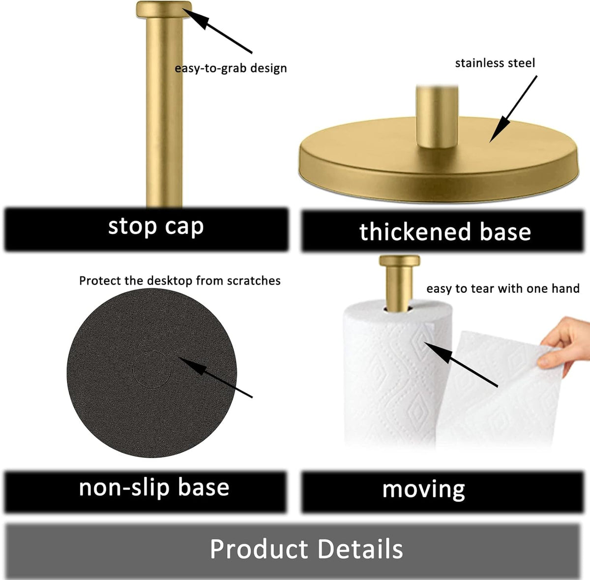 Stainless Steel Gold Paper Towel Holder Countertop for Kitchen Bathroom, Standing Paper Towel Holder with Weighted Base.