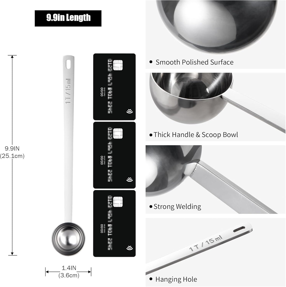 18/8 Stainless Steel Coffee Scoop, Doosu Food-Grade Metal Measuring Spoon with 8.5in Long Handle, Tablespoon Scooper for Coffee Beans, Ground Coffee, Espresso, Protein Powders, Tea, Sugar (1 Tbsp)