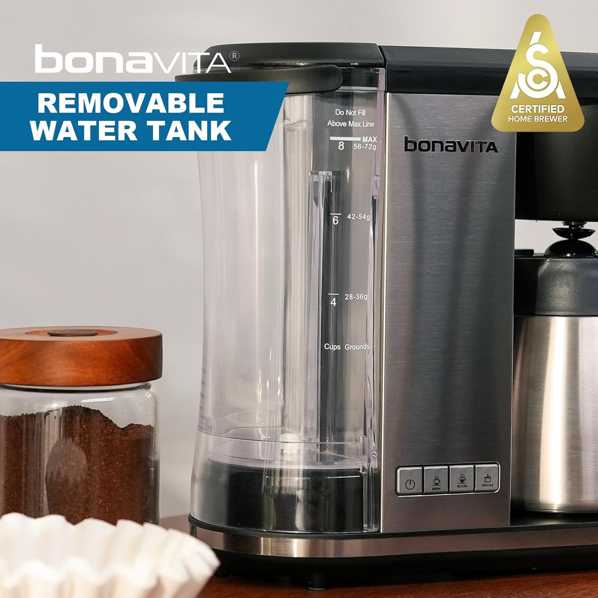 Bonavita Enthusiast 8 Cup Drip Coffee Brewer, Pour Over, SCA Certified Coffee Machine with Thermal Carafe, Stainless Steel Panel, Removable Reservoir