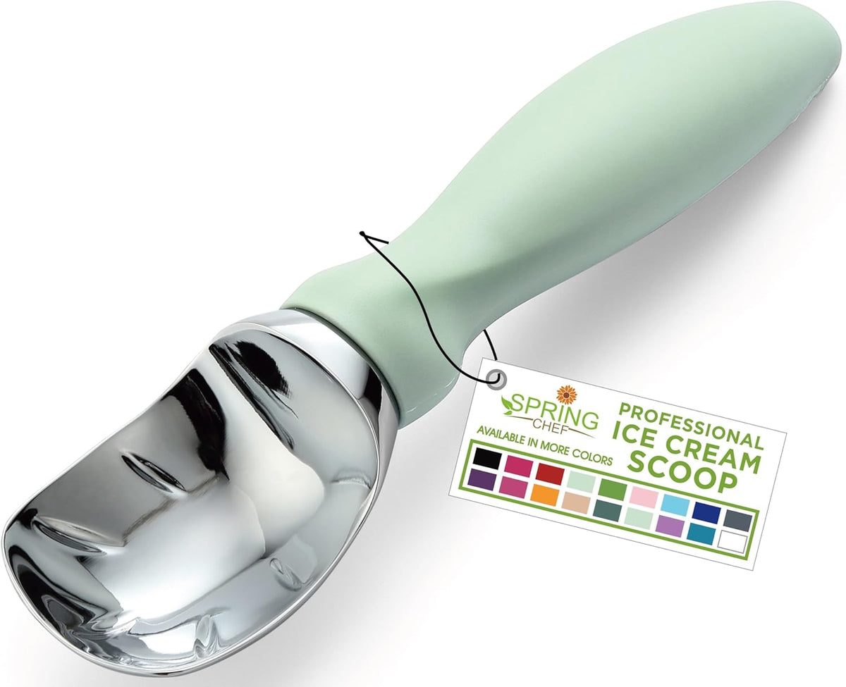 Spring Chef Ice Cream Scoop with Comfortable Handle, Professional Heavy Duty Sturdy Scooper, Premium Kitchen Tool for Cookie Dough, Gelato, Sorbet, Pistachio