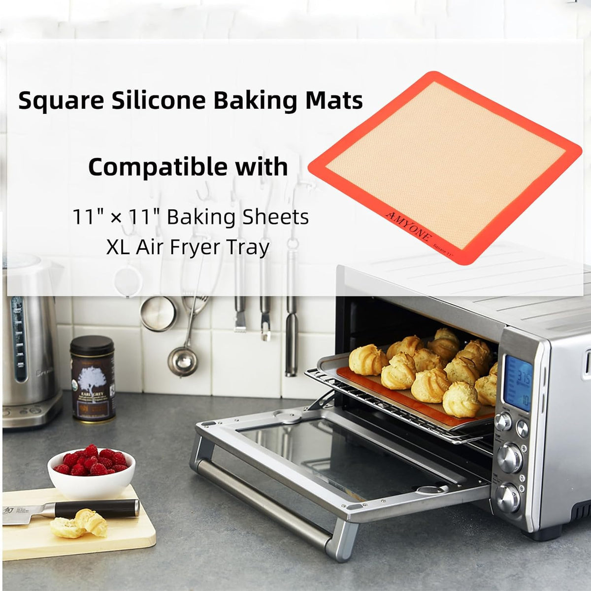 AMYONE Square Silicone Baking Mats for 11 Inch Cake Pan/11x11 Cheesecake Pan/Toaster Oven/XL Air Fryer, Food Grade Silicone Baking Sheet Liners for Cookie/Cake/Pastry/Torte, Non-Stick, Reusable 2 PCS