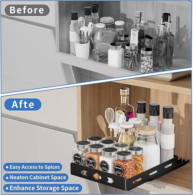 Pull Out Spice Rack, Heavy Duty Spice Rack Organizer, 1 Tier Spice Organization for Cabinet, Vertical Spice Rack for Kitchen, Cabinet, Pantry (8.4''Wx10.5''Dx2.8''H, Metal Black)