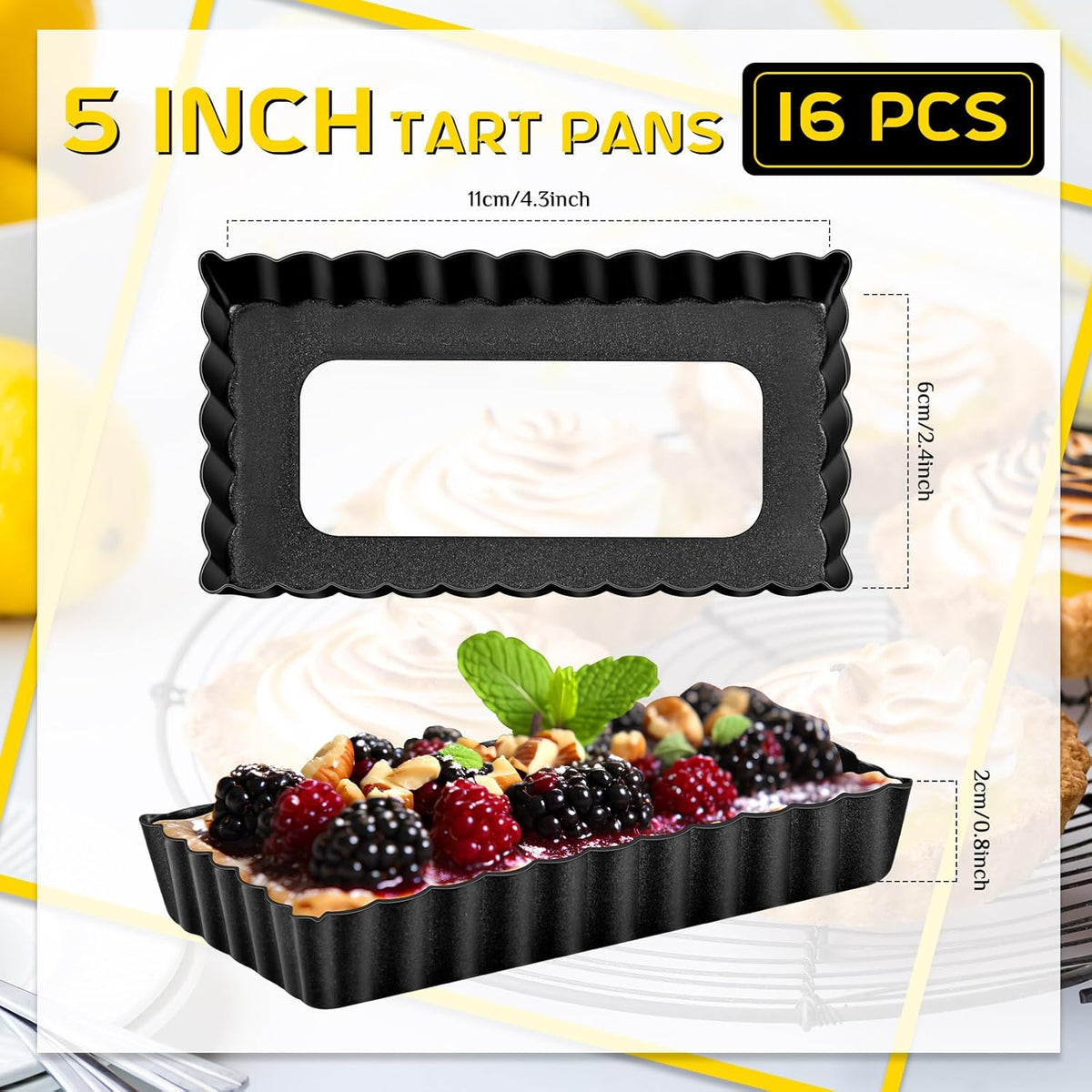 Tessco 16 Pieces Mini Tart Pans with Removable Bottom Nonstick Quiche Mini Pie Tart Pans Bakeware Mold Fluted Side for Pies(Black Rectangle,4.33 x 2.36 x 0.79 Inch)