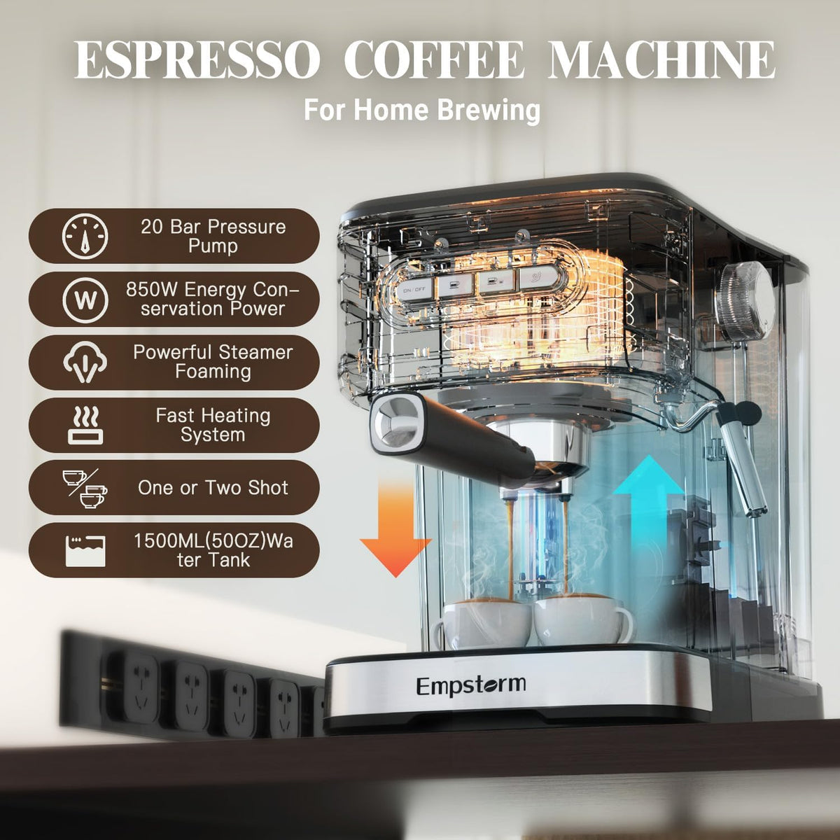 Espresso Machine 20 Bar, 2 in 1 Espresso Maker with Milk Frother Steam Wand for Latte and Cappuccino, Powder and Capsule Portafilter, 50oz Removable Water Tank Coffee Machine for Home-Silver