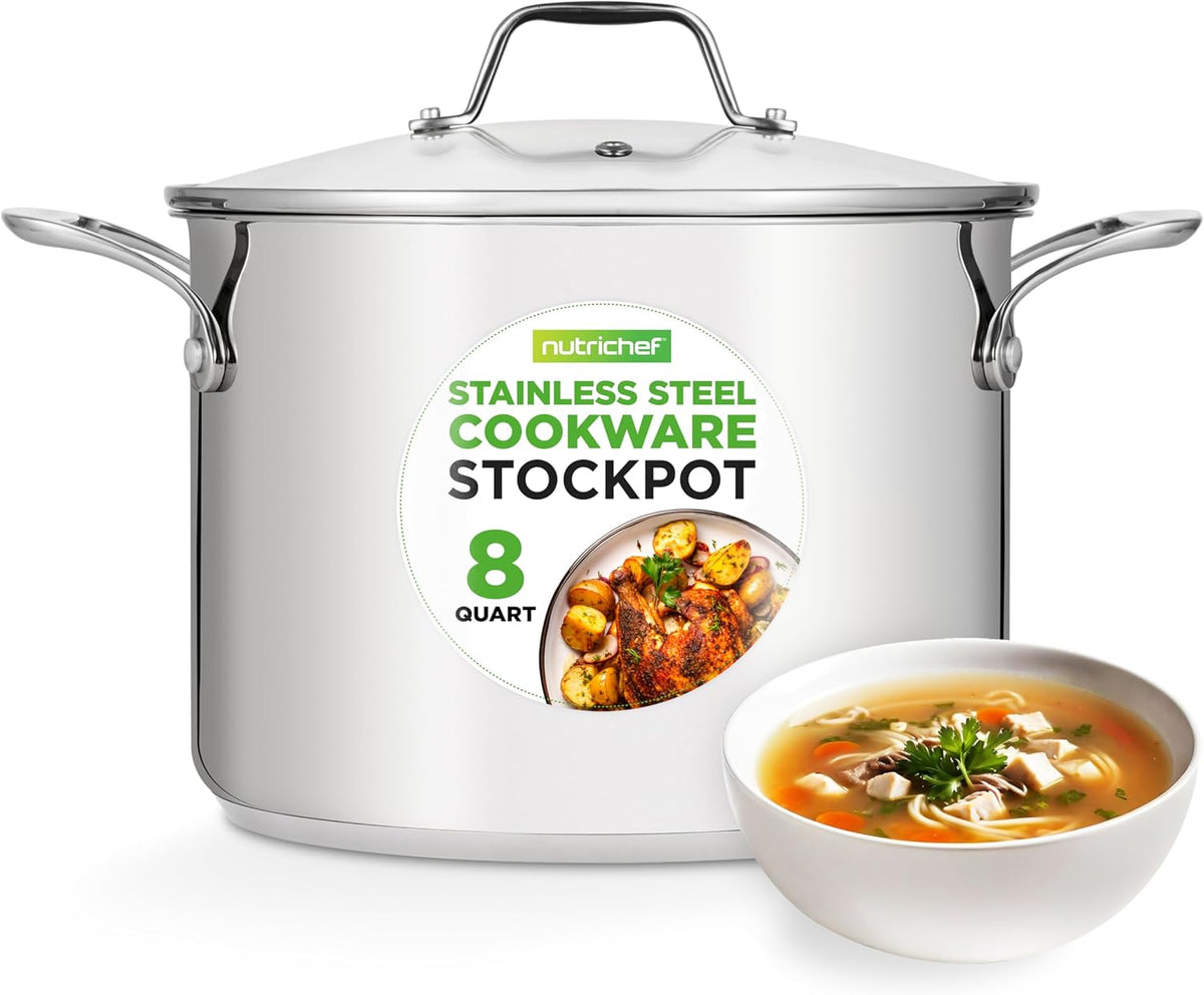 NutriChef 8-Quart Stainless Steel Stock Pot - 18/8 Food Grade Stainless Steel Heavy Duty Induction - Stock Pot, Stew Pot, Simmering Pot with See-Through Lid, Dishwasher Safe - NCSP8