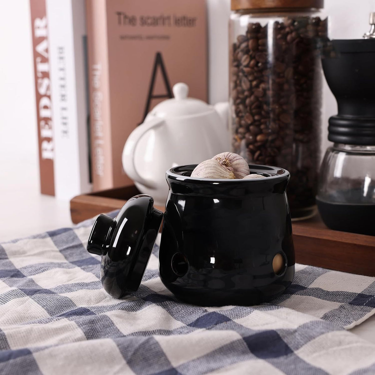 HAOTOP Ceramic Mini Garlic Keeper with Lid, Garlic Container Saver for Countertop, Keep Your Garlic Cloves Fresh (Black)