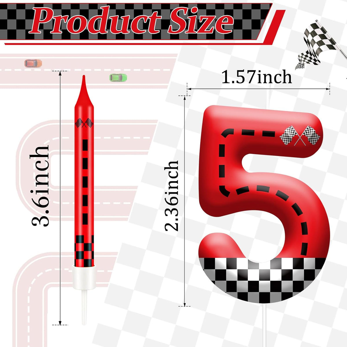 13PCS Racing Car Theme Birthday Candle Set with Checkered Flag Design - Durable Cake Topper for Race Car Party Decorations, Kids Birthday Supplies - Number 5 Candle for Racing-Themed Celebrations