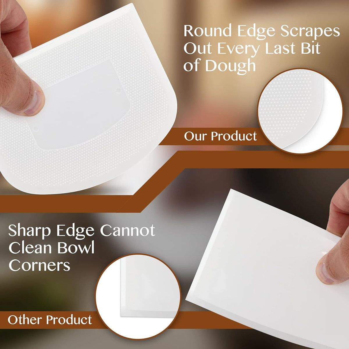 Plastic Bench Scraper for Baking - 2 White Bowl Scraper - Flexible Food Safe Dough Scraper Multipurpose Good Grip Curved and Flat Edge Dough Cutter - Essential Pan Scraper for Kitchen Use - RamPro