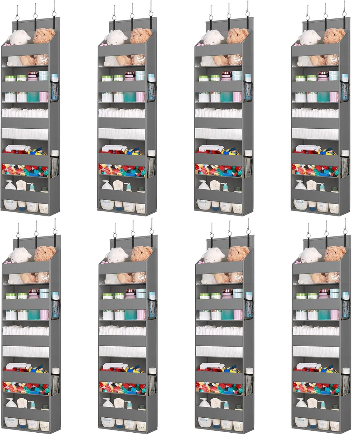 Lifewit 8 Packs Over the Door Organizer, 5 Shelf Clear Window Hanging Storage with 4 Mesh Side Pockets, Anti Tilt 40 lbs Load Behind Door for Pantry, Nursery, Bathroom, Bedroom, Kitchen, Dorm, Grey