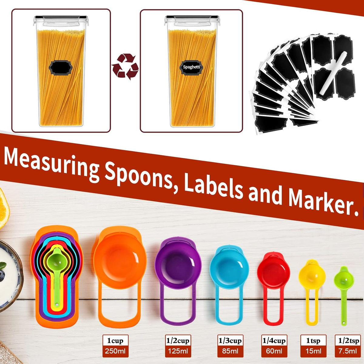 PRAKI 30 Pack Airtight Food Storage Containers for Kitchen Pantry Organizers and Storage, Plastic Kitchen Storage Canisters with Lids,Cereal, Flour & Sugar Containers - Labels, 6 Spoon & Marker
