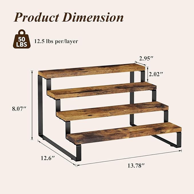 Spice Rack Organizer for Cabinet, 4 Tier Wooden Display Riser Stand, Rustic Cologne Stand for Men, Tiered Perfume Holder, Display Shelf for Candles