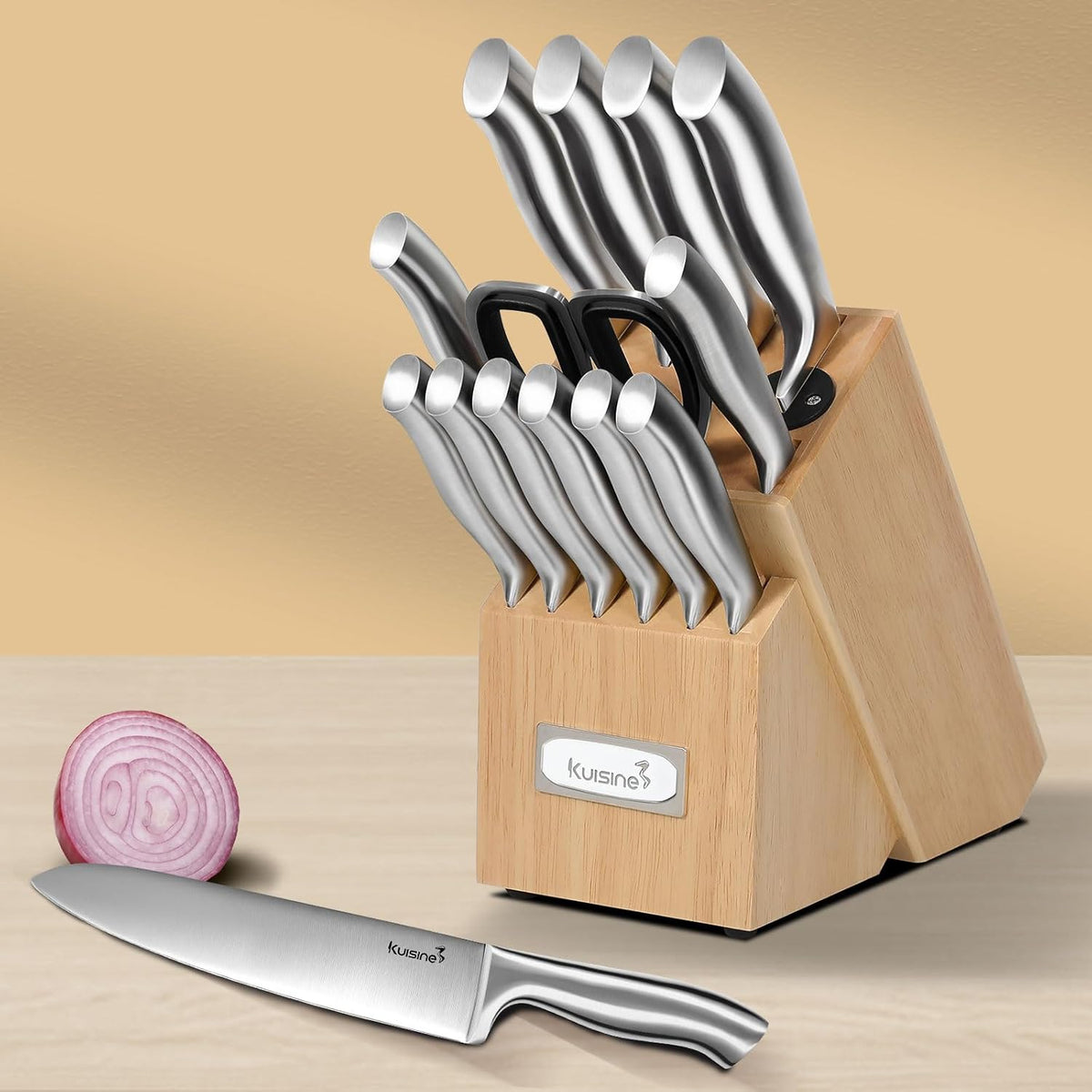 Kuisine Premium Sharp Knife Set Carbon Steel Forged,Ergonomic Handle Knife Block Set,Kitchen Block Knife Set,Chef Knife Set Built-in Sharpener(Silver Pro, 15PCS)