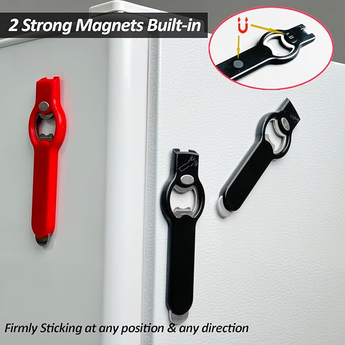 2-in-1 Magnetic Soda Can & Beer Bottle Opener-Dual Magnets for Fridge & Cap Catcher, Heavy Duty Stainless Steel, Perfect for Big Hands,Long nails, RV, Bartender, Gift for Father, Black, Openpro 2 Pack
