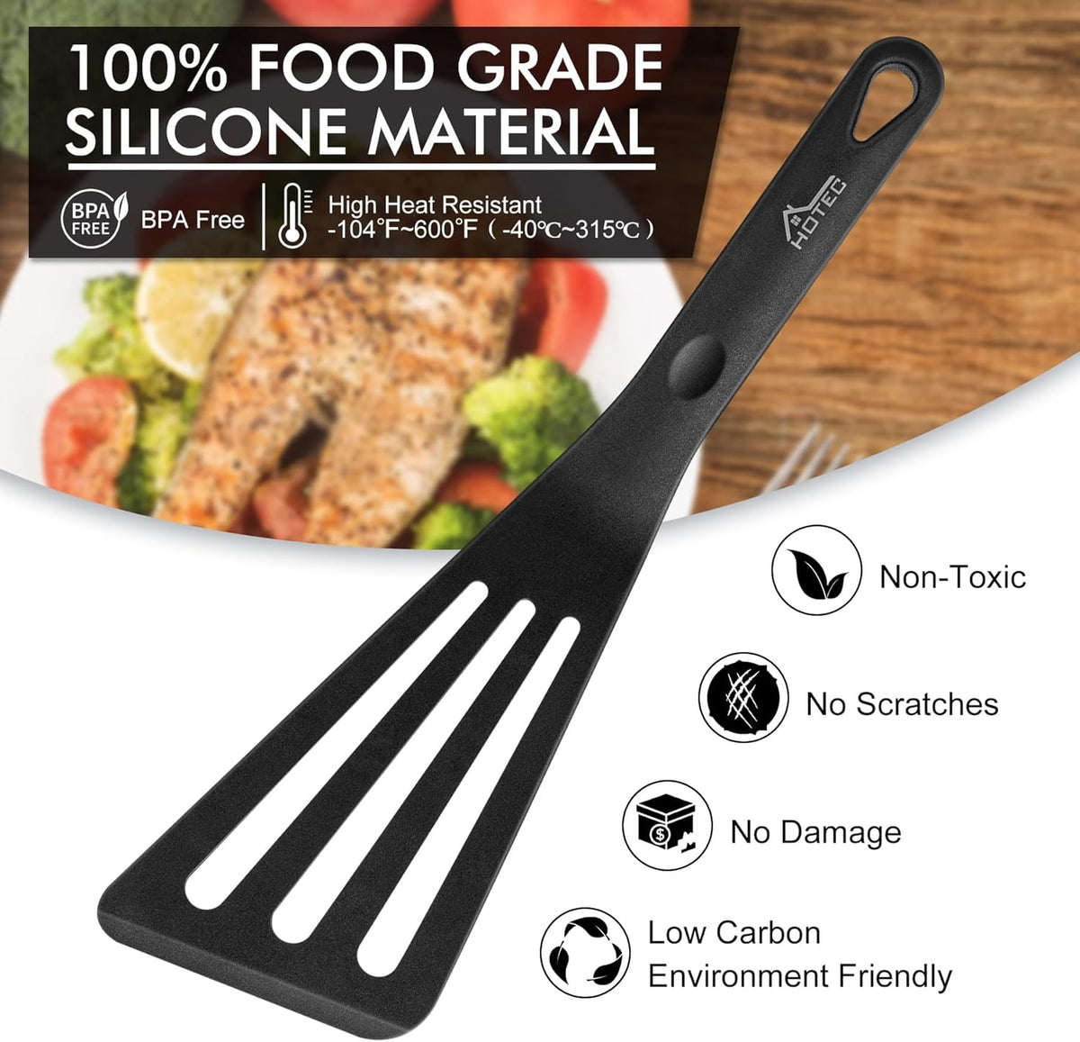 HOTEC 600℉ Heat Resistant Silicone Slotted Fish Turner Spatula Set, BPA Free Flipper Cooking Spatulas, for Non Stick Cookware Dishwasher Safe, Black