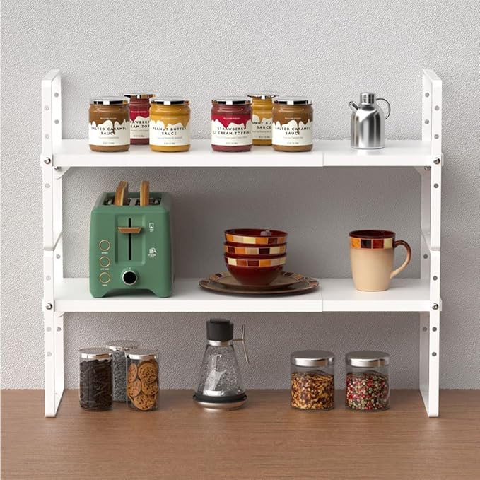 SANNO Expandable Kitchen Shelf Organizers, Cabinet Cupboard Storage Shelf Rack,Stackable Counter Shelf Organizer Space Riser Pantry Cupboard Storage Rack, White, 2 Pack